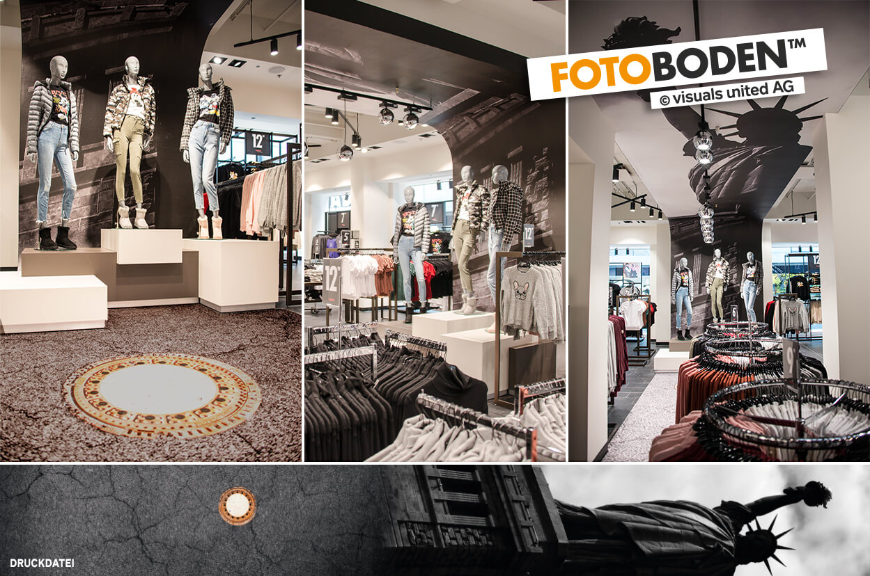 FOTOBODEN™ POS und Visual-Merchandising Fläche von Boden über Wand bis Decke. New York und Freiheitsstatue.