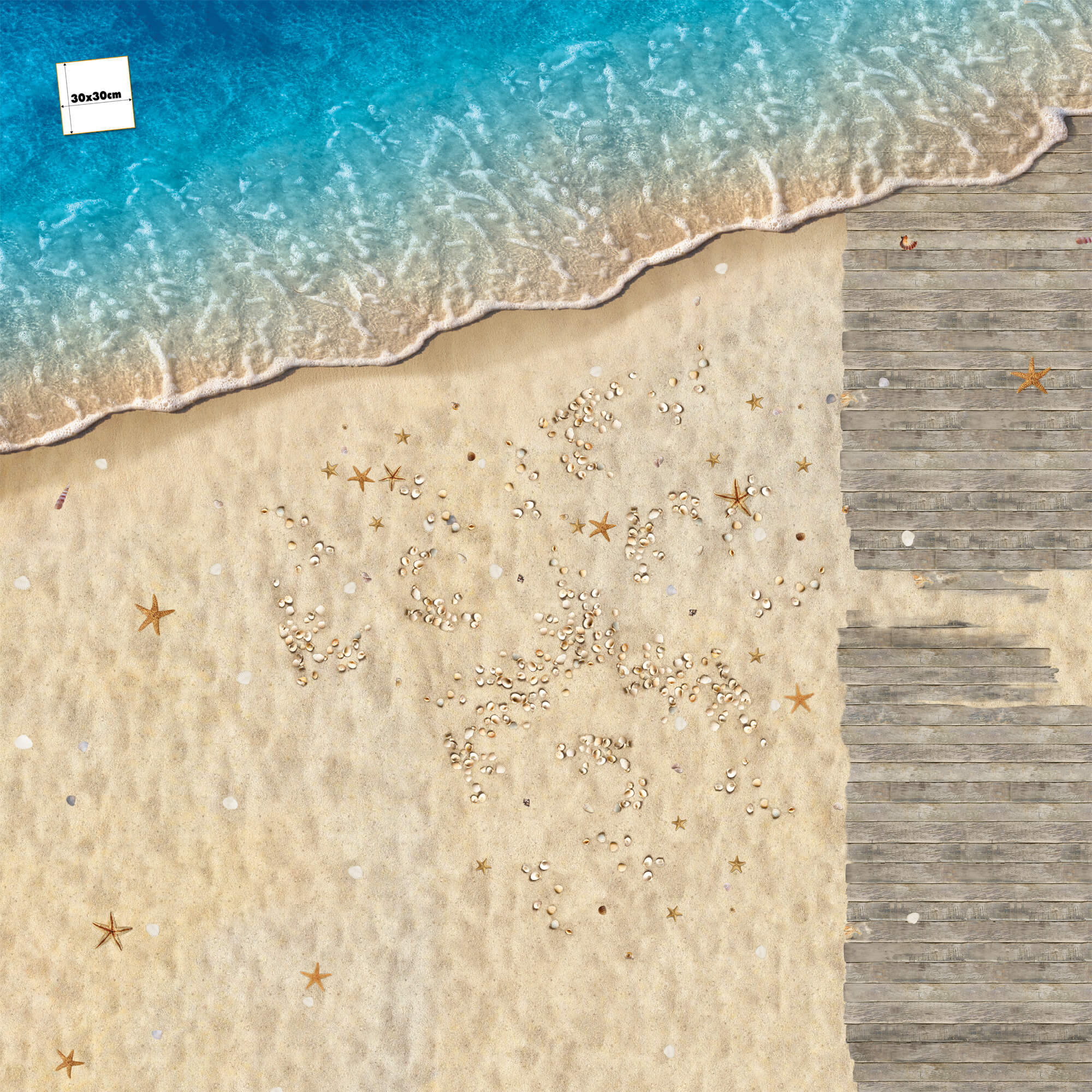 FOTOBODEN™ Strand mit Muscheln und Steg, Draufsicht, Bodenfläche, fotorealistisch