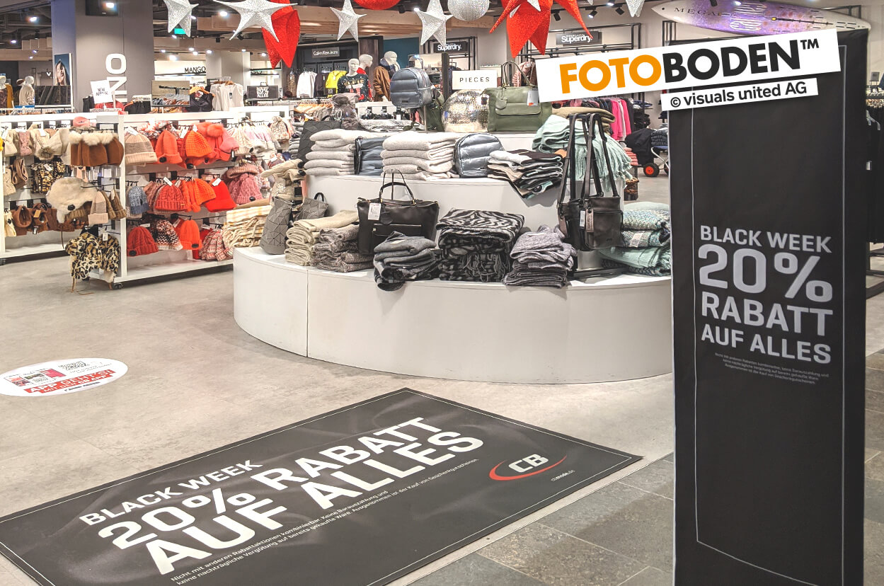 POS Werbematte. 20% zur Black Week - Bodenwerbung mit FOTOBODEN™